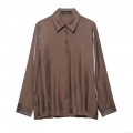 Women's Satin Glossy Long Sleeve Blouse Elegant Polyester Blend Button Down Shirt Solid Color Office Lady Commuter Tops