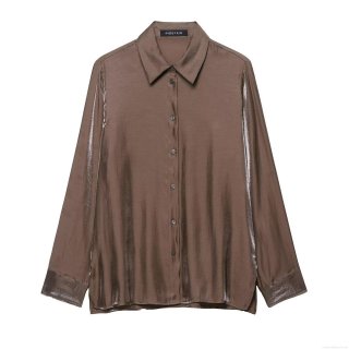 Women's Satin Glossy Long Sleeve Blouse Elegant Polyester Blend Button Down Shirt Solid Color Office Lady Commuter Tops