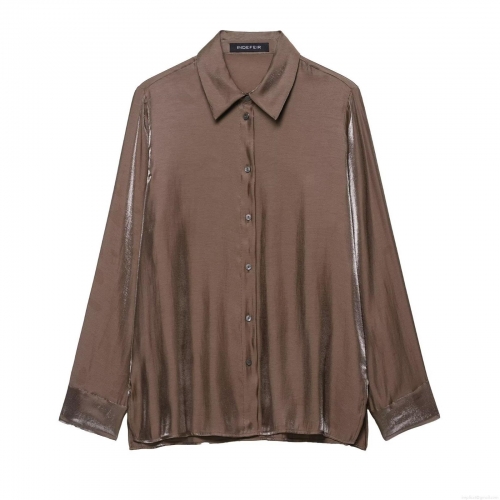 Women's Satin Glossy Long Sleeve Blouse Elegant Polyester Blend Button Down Shirt Solid Color Office Lady Commuter Tops