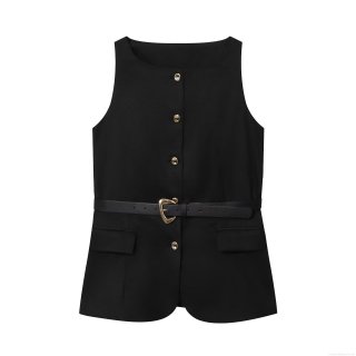 Women's Slim Fit Sleeveless Vest Top With Belt Elegant Round Neck Polyester Shirt With Gold Buttons Heart Buckle Waist For Summer Party
