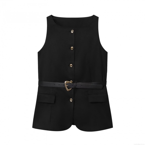 Women's Slim Fit Sleeveless Vest Top With Belt Elegant Round Neck Polyester Shirt With Gold Buttons Heart Buckle Waist For Summer Party