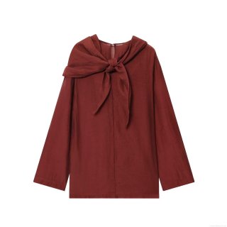 Women's Retro Bow Tie Neck Blouse Elegant Long Sleeve Polyester Shirt Solid Color Crinkle Texture Casual Top for Office Dating