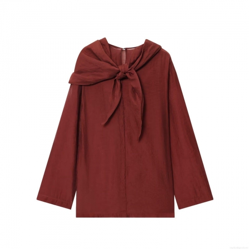 Women's Retro Bow Tie Neck Blouse Elegant Long Sleeve Polyester Shirt Solid Color Crinkle Texture Casual Top for Office Dating