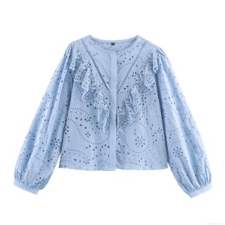 Women Fashion Hollow Out Embroidery Long Sleeve Shirt Elegant Round Neck Casual Sky Blue 85 Cotton Blouse Floral Eyelet Lace Top Lady Spring