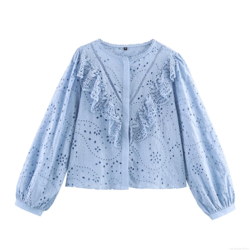 Women Fashion Hollow Out Embroidery Long Sleeve Shirt Elegant Round Neck Casual Sky Blue 85 Cotton Blouse Floral Eyelet Lace Top Lady Spring
