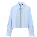 Women's Fashion Light Blue Rhinestone Decorated Poplin Cropped Long Sleeve Shirt Shirt Collar Casual Elegant Blouse For Party Daily Wear