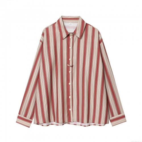 Women's Fashion Vertical Striped Long Sleeve Button Down Blouse Top With Back Strap Design Casual Loose Fitting Shirt For Office Dating