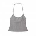Sexy Backless Halter Top For Women Grey Fine Stripe Slim Fit Party Sleeveless Top With Adjustable Metal Buckles Polyester Camisole