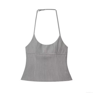 Sexy Backless Halter Top For Women Grey Fine Stripe Slim Fit Party Sleeveless Top With Adjustable Metal Buckles Polyester Camisole