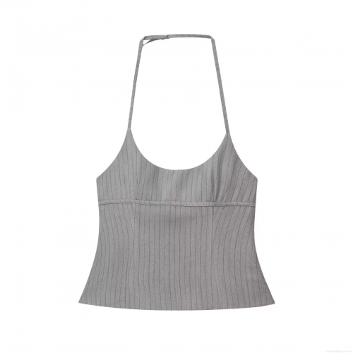 Sexy Backless Halter Top For Women Grey Fine Stripe Slim Fit Party Sleeveless Top With Adjustable Metal Buckles Polyester Camisole