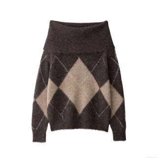 Women's Vintage Argyle Knit Sweater Off Shoulder Cowl Neck Fuzzy Mohair Like 100% Polyester Pullover Loose Long Sleeve Jumper Retro Autumn Winter Casual Warm Tops