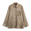 Women's Elegant Satin Button Down Shirt Glossy Silk-Like Long Sleeve Blouse With Chest Pocket For Office Daily Wear
