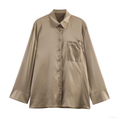 Women's Elegant Satin Button Down Shirt Glossy Silk-Like Long Sleeve Blouse With Chest Pocket For Office Daily Wear