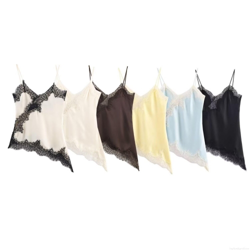 Women's Sexy Lace Trim Satin Camisole V Neck Spaghetti Strap Asymmetrical Hem Tank Top Elegant Silk Feel Sleeveless Shirt For Party Clubwear