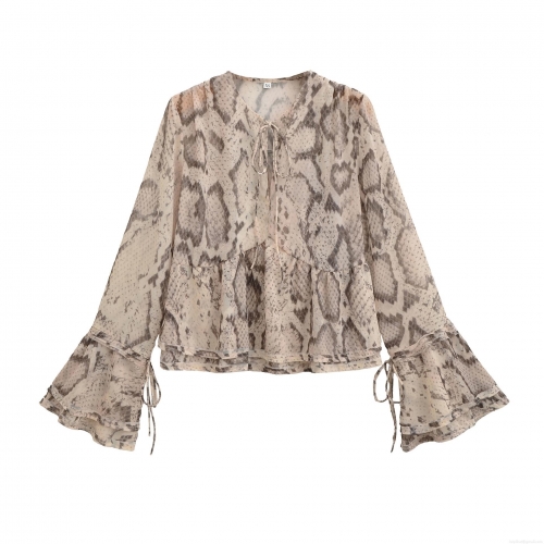 Women's Fashion Snake Print Chiffon Blouse Elegant V-Neck Tie Front Long Flared Sleeve Shirt Casual Ruffle Hem Top For Women Party Dating