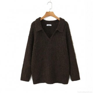 Women's Long Sleeve Polo Collar Knit Sweater Wool Blend V-Neck Ribbed Pullover Loose Fit Casual Solid Color Tops for Autumn Winter