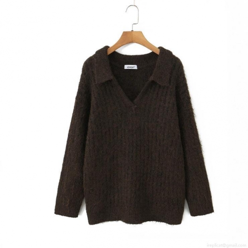 Women's Long Sleeve Polo Collar Knit Sweater Wool Blend V-Neck Ribbed Pullover Loose Fit Casual Solid Color Tops for Autumn Winter