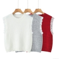 Women's Vintage Lace Spliced Knitted Sweater Vest Round Neck Sleeveless Polyester Knit Top For Daily Dating Retro Aesthetic Layering Piece