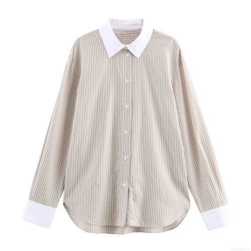 Women Fashion Casual Contrast Striped Shirt Contrast Color Collar Long Sleeve Button Down Poplin Blouse Tops For Daily Wear