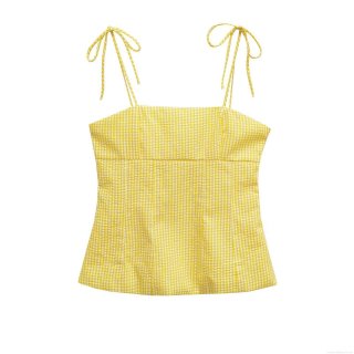 Women's Yellow Gingham Plaid Camisole Top With Adjustable Tie-Shoulder Bows Square Neck Slim Fit Polyester Sleeveless Tank Top For Summer Casual Beach Sexy Sweet Style