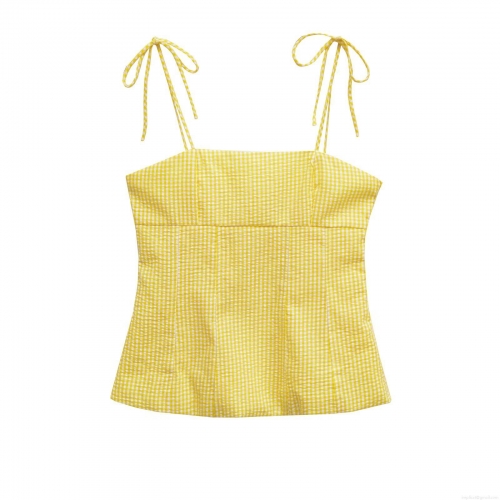 Women's Yellow Gingham Plaid Camisole Top With Adjustable Tie-Shoulder Bows Square Neck Slim Fit Polyester Sleeveless Tank Top For Summer Casual Beach Sexy Sweet Style