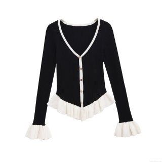 Women's Fashion Color Block Knitted Cardigan Jacket V-Neck Long Sleeve Ruffle Hem Ribbed Knit Sweater With Gold Buttons Elegant Socialite Style Tops For Women