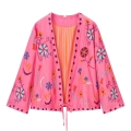 Women Floral Embroidered Kaftan Cardigan Top Ethnic Boho Fuchsia Pink V-Neck Long Sleeve Shirt Bohemian Casual Blouse With Stripe Lining For Lady