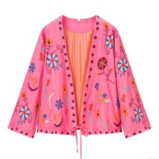 Women Floral Embroidered Kaftan Cardigan Top Ethnic Boho Fuchsia Pink V-Neck Long Sleeve Shirt Bohemian Casual Blouse With Stripe Lining For Lady