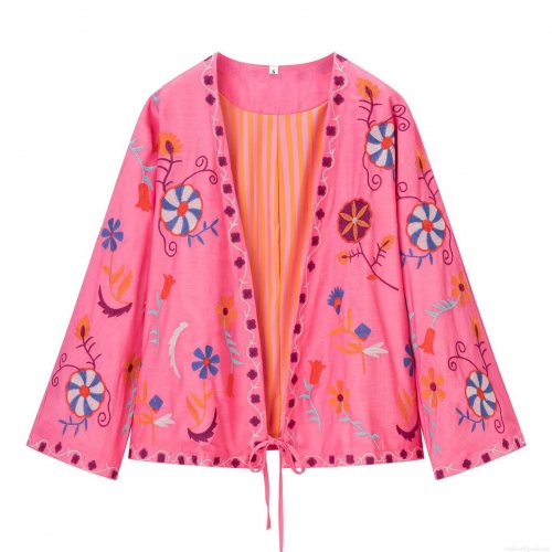 Women Floral Embroidered Kaftan Cardigan Top Ethnic Boho Fuchsia Pink V-Neck Long Sleeve Shirt Bohemian Casual Blouse With Stripe Lining For Lady