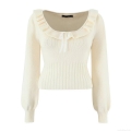 Women Sweet Knit Sweater Ruffle Round Neck With Bowknot Long Sleeve Loose Fit Pullover Top For Daily Dating Autumn Fashion Knitwear