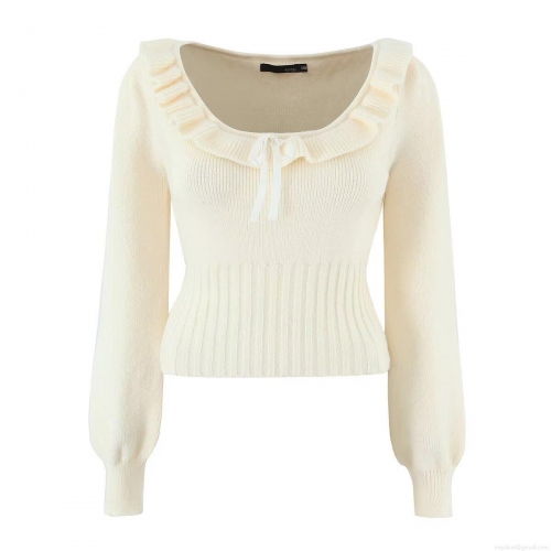 Women Sweet Knit Sweater Ruffle Round Neck With Bowknot Long Sleeve Loose Fit Pullover Top For Daily Dating Autumn Fashion Knitwear