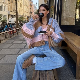 Women's Oversized Color Block Chunky Knit Cardigan Long Sleeve V Neck Loose Open Front Striped Sweater For Daily Autumn Winter Outwear Casual Soft Top