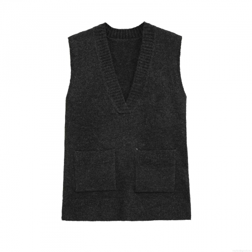 Women's V-Neck Knit Sweater Vest Loose Fit Solid Color Sleeveless Top With Two Front Pockets Soft Autumn Winter Ribbed Knitwear Casual Pullover For Ladies