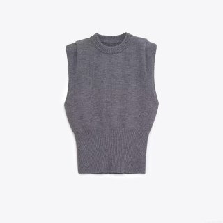 Women's Knitted Tank Top Round Neck Sleeveless Shoulder Pleated Solid Color Elegant Polyester Sweater Vest For Women Spring Autumn Casual Top