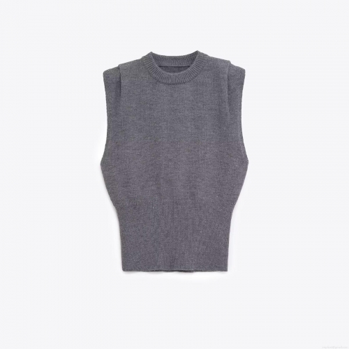 Women's Knitted Tank Top Round Neck Sleeveless Shoulder Pleated Solid Color Elegant Polyester Sweater Vest For Women Spring Autumn Casual Top