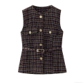Women's Elegant Tweed Plaid Vest Retro Small Fragrance Style Sleeveless Waistcoat With Belt Gold Buttons Slim Fit Polyester Tank Top For Ladies