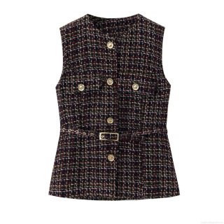 Women's Elegant Tweed Plaid Vest Retro Small Fragrance Style Sleeveless Waistcoat With Belt Gold Buttons Slim Fit Polyester Tank Top For Ladies