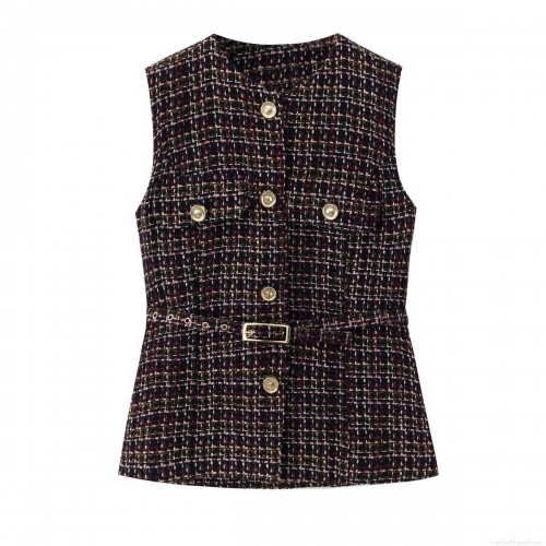 Women's Elegant Tweed Plaid Vest Retro Small Fragrance Style Sleeveless Waistcoat With Belt Gold Buttons Slim Fit Polyester Tank Top For Ladies