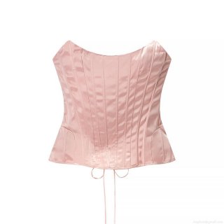 Sexy Nude Pink Satin Polyester Corset Top Women's Fashion Fishbone Strapless Tube Top Lace-up Back Slim Fit Crop Top For Party Dating Clubwear