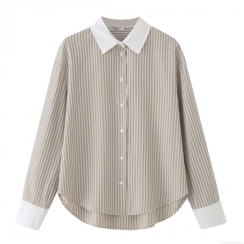 Women's 100% Cotton Striped Long Sleeve Shirt Casual Color Block Lapel Loose Button Down Blouse For Office Daily Wear Fashion Top
