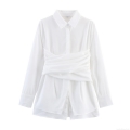 Women's Elegant White Long Sleeve Polyester Shirt With Waist Wrap Pleats And Back Tie Bow Office Lady Casual Blouse Top