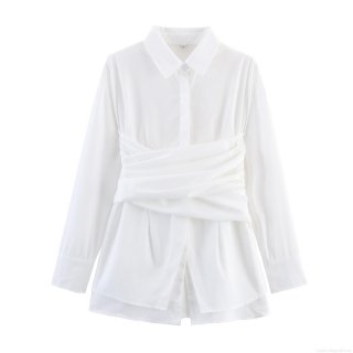 Women's Elegant White Long Sleeve Polyester Shirt With Waist Wrap Pleats And Back Tie Bow Office Lady Casual Blouse Top