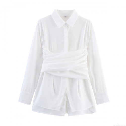 Women's Elegant White Long Sleeve Polyester Shirt With Waist Wrap Pleats And Back Tie Bow Office Lady Casual Blouse Top