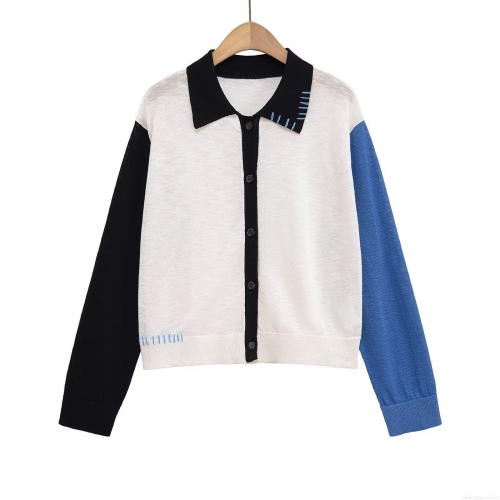 Women's Colorblock Knit Cardigan Sweater Polo Collar Long Sleeve Button Down Loose Fit Top Casual Fall Winter Outwear for Women