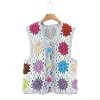 Women's Handmade Crochet Knit Vest Bohemian Hollow Out V-Neck Waistcoat Multi-Color Flower Pattern Sleeveless Cardigan Top for Summer Beach Vacation Casual Style