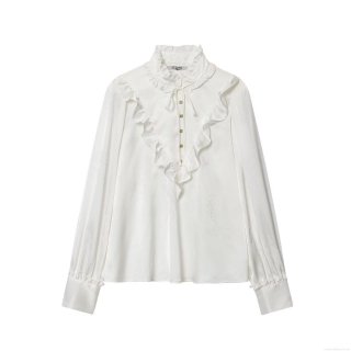 Elegant White Satin Jacquard Women Blouse With Ruffle Stand Collar Gold Buttons Long Sleeve Polyester Shirt Vintage Socialite Tops For Party Daily