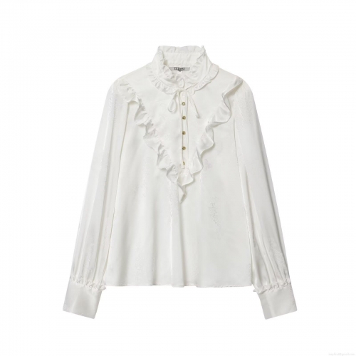 Elegant White Satin Jacquard Women Blouse With Ruffle Stand Collar Gold Buttons Long Sleeve Polyester Shirt Vintage Socialite Tops For Party Daily