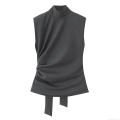 Women's Elegant Padded Shoulder Sleeveless High Neck Top Ruched Side Sexy Slim Fit Polyester Blend Blouse Party Tank Top Casual Lady Style Grey