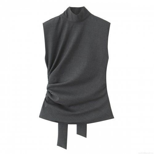 Women's Elegant Padded Shoulder Sleeveless High Neck Top Ruched Side Sexy Slim Fit Polyester Blend Blouse Party Tank Top Casual Lady Style Grey