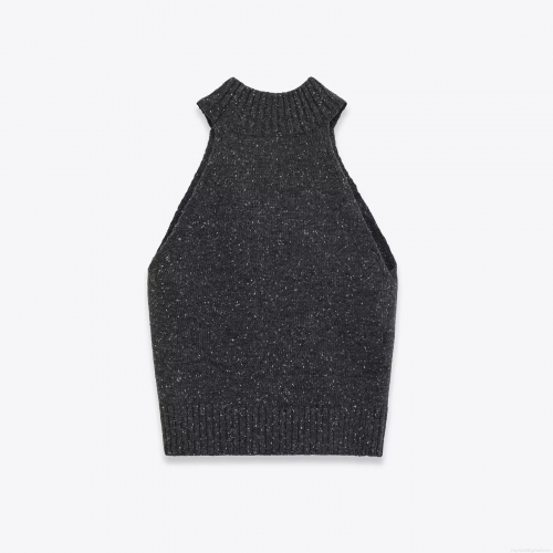 Women's Elegant High Neck Halter Sleeveless Knit Top Slim Fit Heather Gray Ribbed Short Tank Top for Streetwear Party Casual Wear
